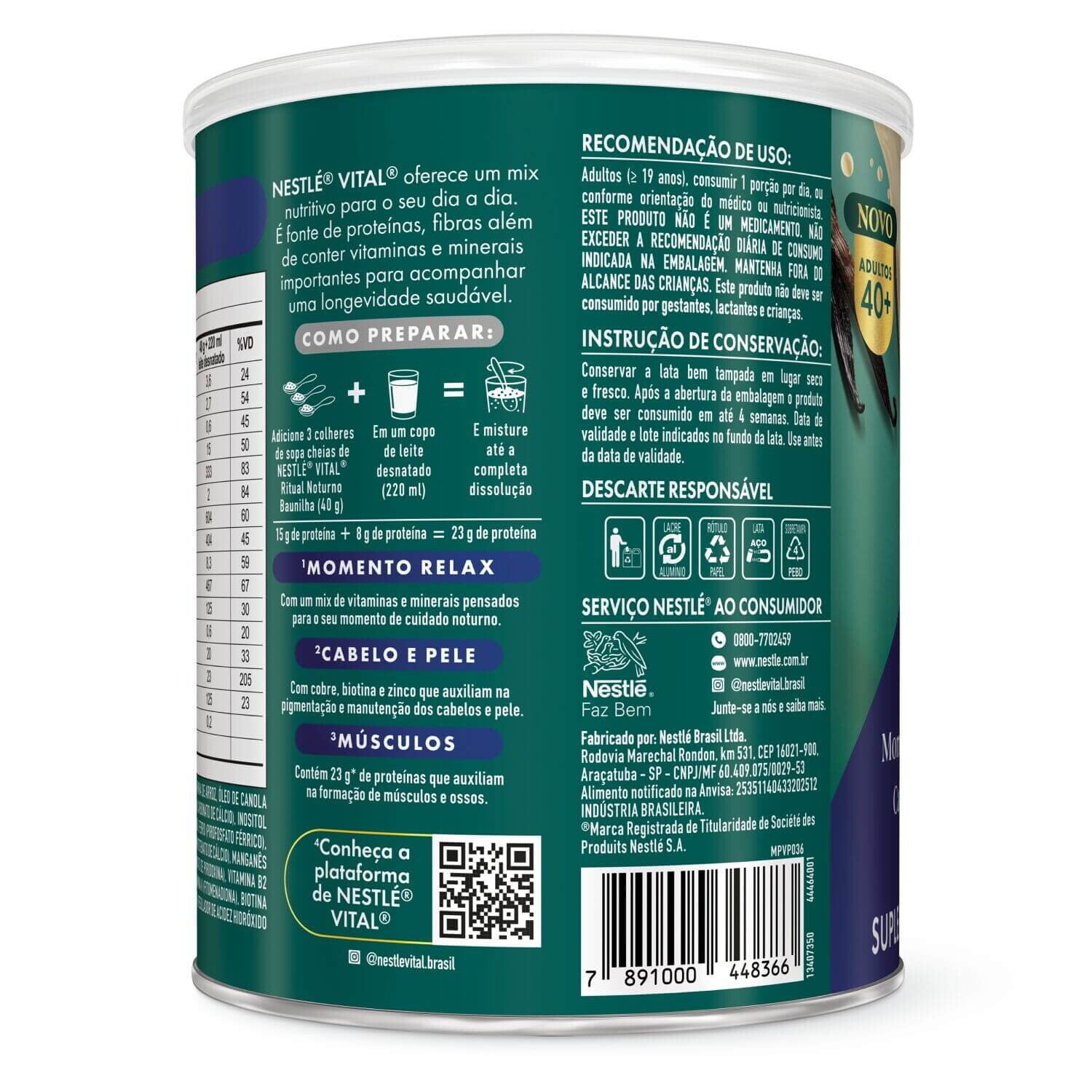 Nestlé Vital Ritual Noturno sabor baunilha, lata de 360g