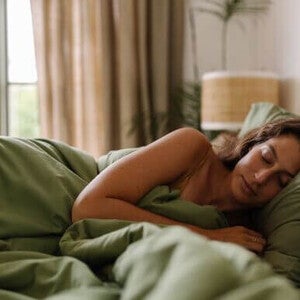 Pessoa deitada na cama, em um ambiente tranquilo, durante o momento de descanso noturno.