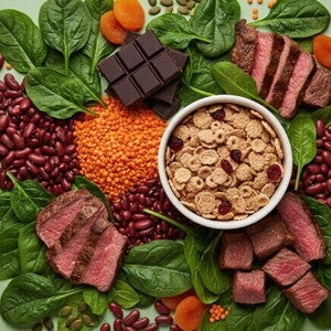 Uma variedade vibrante de alimentos ricos em ferro, como espinafre, lentilhas, carne e chocolate, dispostos artisticamente