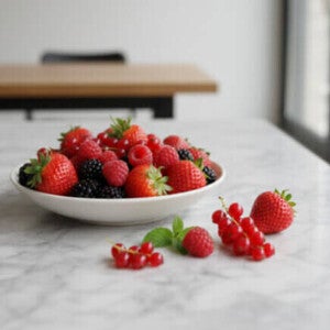 Tigela branca cheia de morangos, framboesas e amoras em uma bancada de mármore branco, frutas ricas em colágeno. 