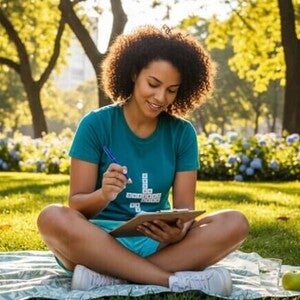 Jovem adulto praticando exercício mental ao ar livre, simbolizando estratégias para melhorar a memória e saúde cerebral.