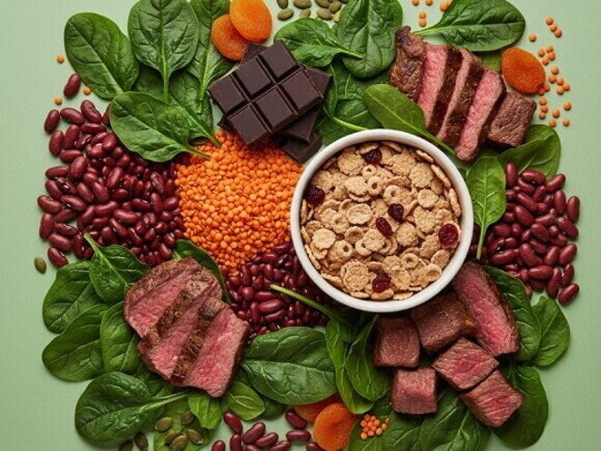 Uma variedade vibrante de alimentos ricos em ferro, como espinafre, lentilhas, carne e chocolate, dispostos artisticamente