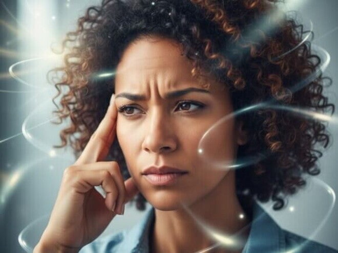 Mulher com expressão pensativa, tocando a têmpora em um ambiente com luzes suaves. Representa a clareza mental.