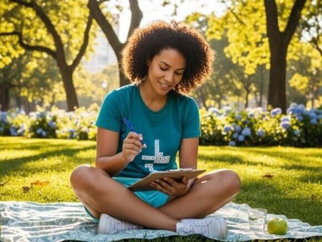Jovem adulto praticando exercício mental ao ar livre, simbolizando estratégias para melhorar a memória e saúde cerebral.