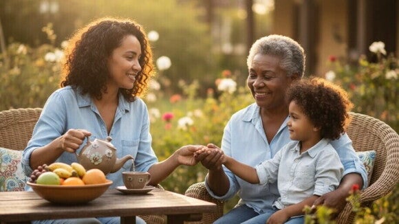 Família brasileira multi-geracional feliz, com avó, filha e neto em jardim, simbolizando envelhecer bem.