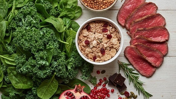 Uma variedade colorida de alimentos ricos em ferro, incluindo vegetais verdes, carne, lentilhas e romã..