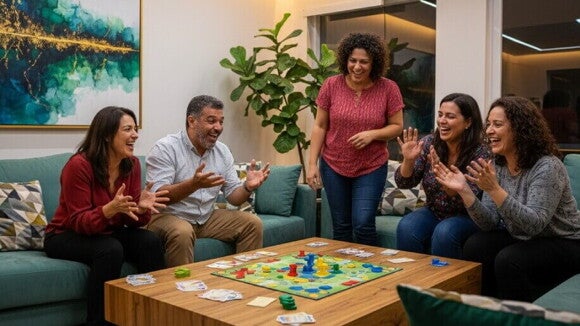 Adultos 35+ diversos jogando um jogo de tabuleiro, estimulando a memória e rindo."