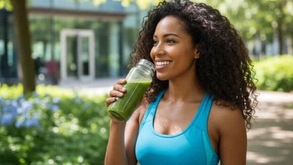 Mulher sorridente com pele radiante e cabelo saudável, simbolizando os benefícios do colágeno.