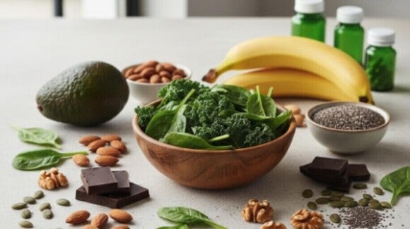 Alimentos ricos em magnésio, como abacate, espinafre, banana, amêndoas e chocolate amargo.