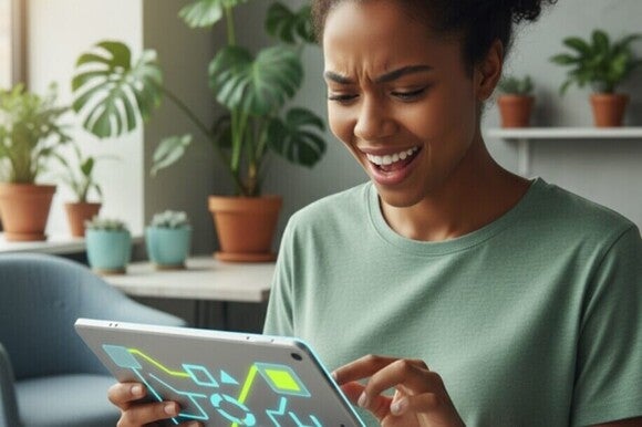 Jovem engajado em exercício cognitivo em tablet para memória, com foco e alegria